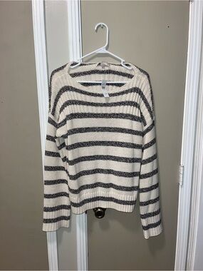 LOFT Striped Crewneck Sweater in Cream and Brown